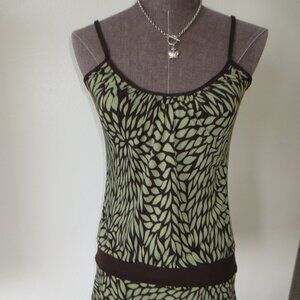 Lipstick Olive Green & Brown Botanical Floral Geo Leaf Print Cami Tank Top - S